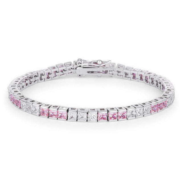 9.7Ct Princess Cut 7in CZ Pink and Clear Rhodium Bracelet