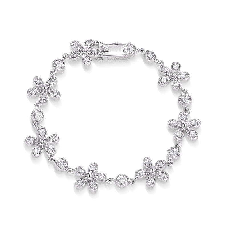 1.34Ct Rhodium Plated Antique Cubic Zirconia Chain of Flowers Bracelet