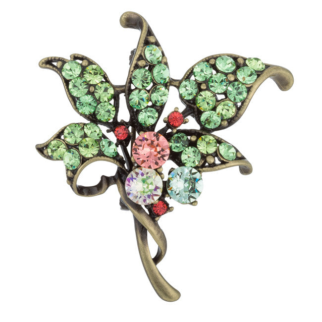 Antique Gold Tone Floral Brooch with Crystals