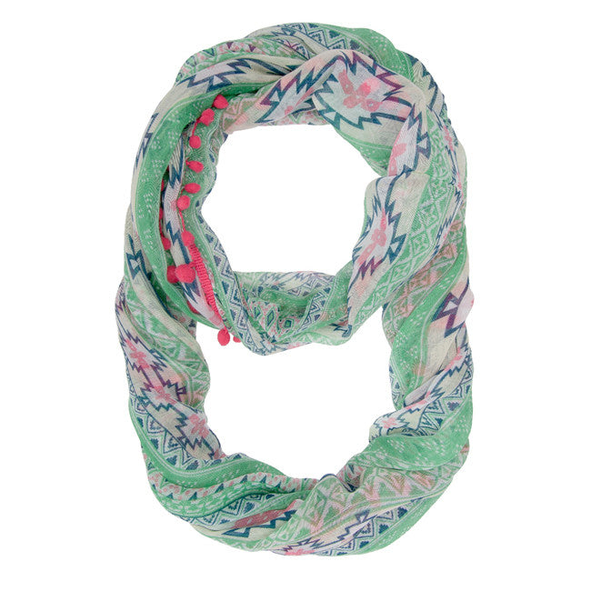 Mara Pink Cultural Print Infinity Scarf With Pom Poms