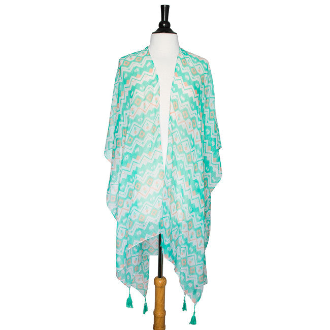Mint Gena Geometric Print Shawl Cover Up With Tassels