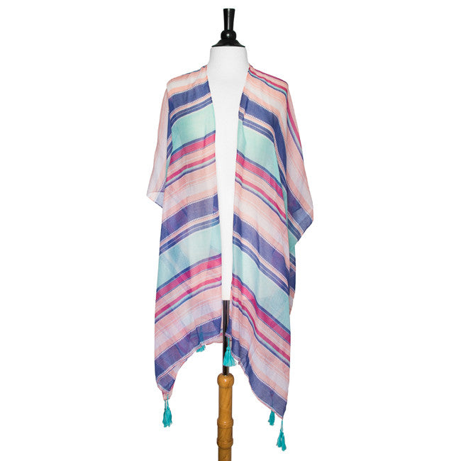 Multicolored Magdelena Striped Cover Up Shawl With Tassels