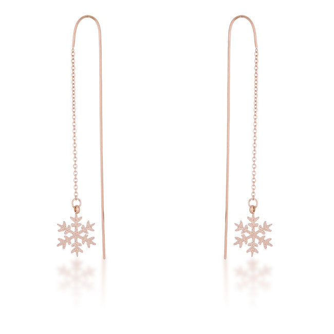 Noelle Rose Gold Stainless Steel Snowflake Threaded Drop Earrings