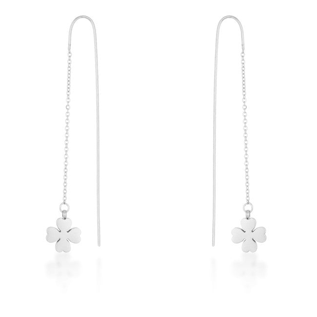 Patricia Rhodium Stainless Steel Clover Threaded Drop Earrings