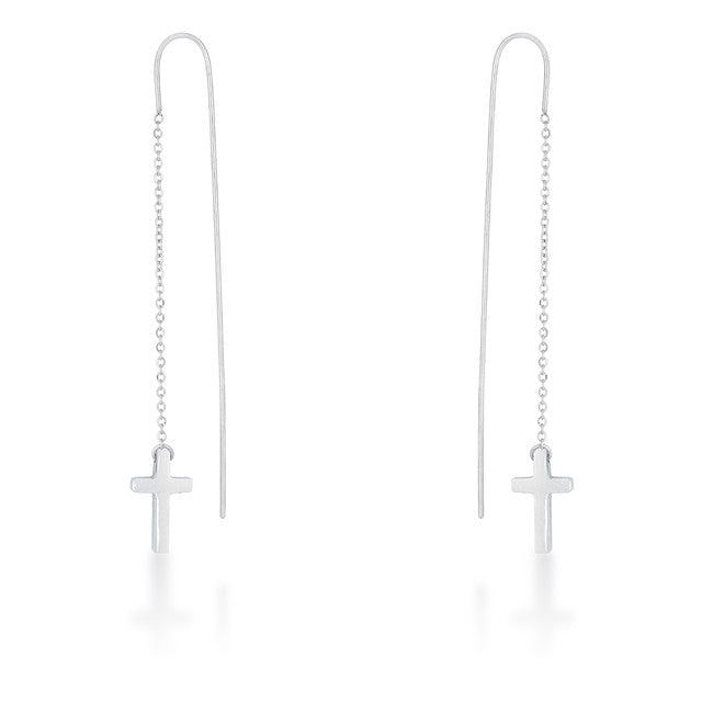 Marylou Rhodium Stainless Steel Cross Threaded Drop Earrings