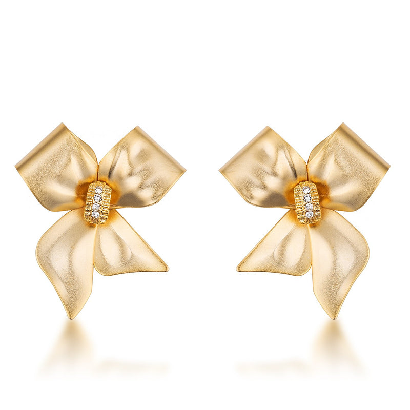 18k Matte Gold Plated Crystal Accented Bow Earrings