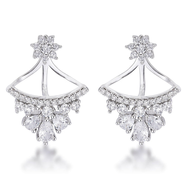2Ct Rhodium Plated CZ Floral Stud Chandelier Illusion Ear Jacket