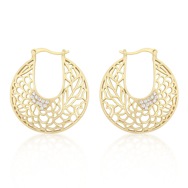 Matte Gold Floral Filigree Hoop Earrings