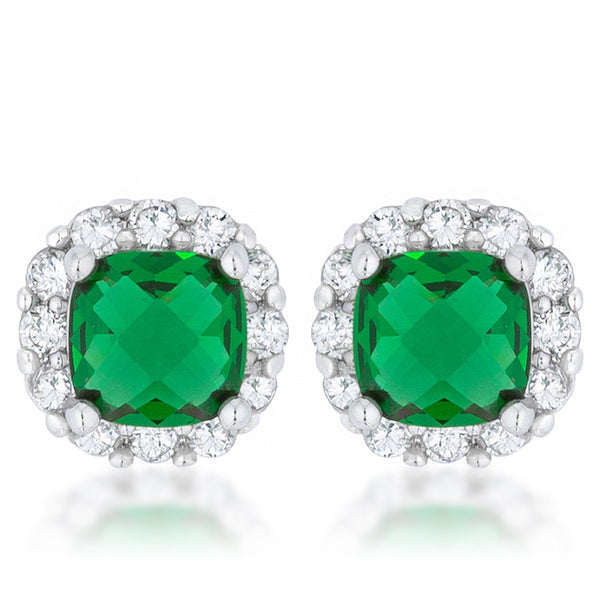 Liz 2ct Emerald CZ Rhodium Classic Cushion Stud Earrings