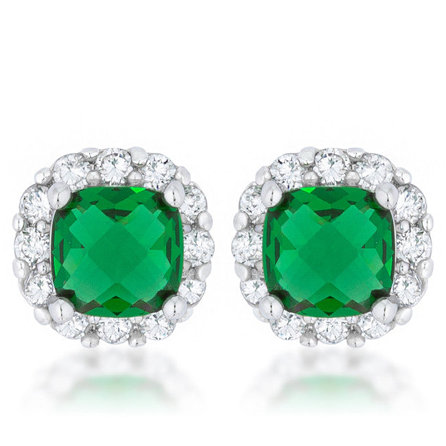 Liz 2ct Emerald CZ Rhodium Classic Cushion Stud Earrings