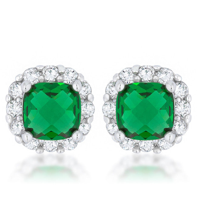 Liz 2ct Emerald CZ Rhodium Classic Cushion Stud Earrings