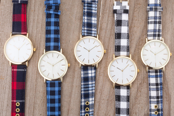 Classic Dial Watch with Blue & White Plaid Band