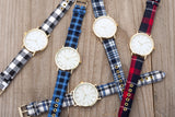 Classic Dial Watch with Blue & White Plaid Band