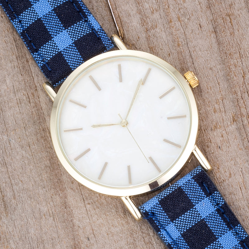Classic Dial Watch with Royal & Black Plaid Band