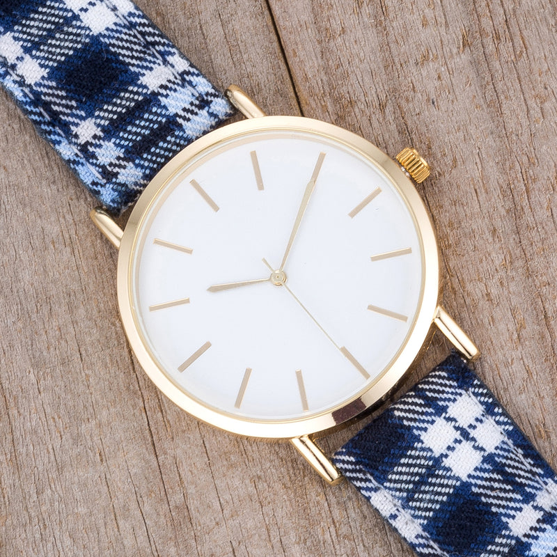 Classic Dial Watch with Blue & White Plaid Band