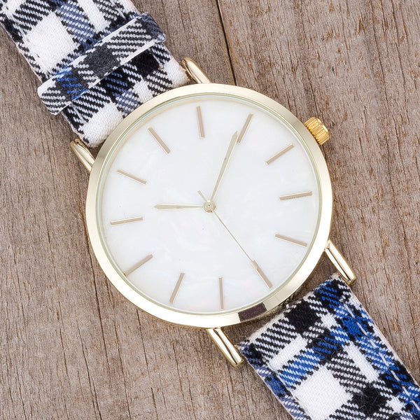 Classic Dial Watch with Black & Blue Plaid Band