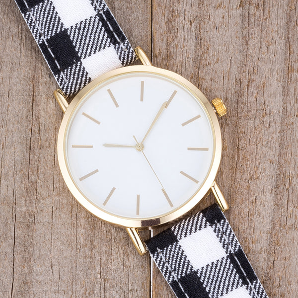 Classic Dial Watch with Black & White Plaid Band