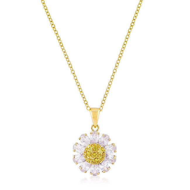 Goldtone Purple and Yellow Cubic Zirconia Floral Pendant