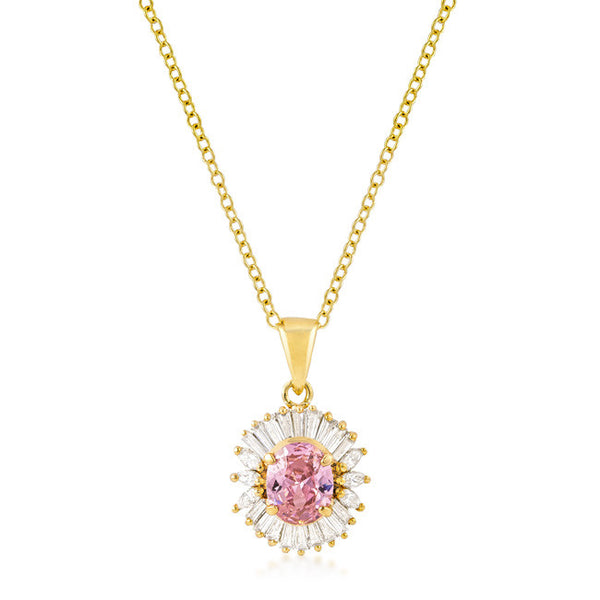 Goldtone Pink CZ Oval Halo Pendant