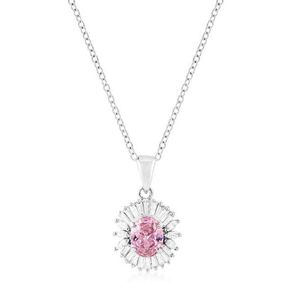 Silvertone Pink CZ Oval Halo Pendant