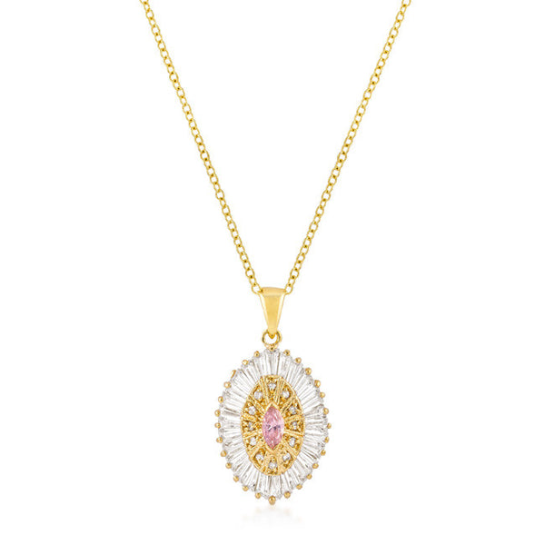 Goldtone Pink and Clear CZ Oval Halo Pendant