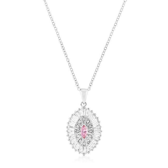Silvertone Pink and Clear CZ Oval Halo Pendant