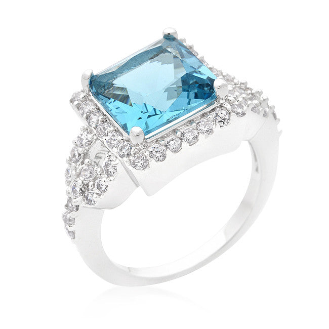 Halo Style Princess Cut Aqua Blue Cocktail Ring