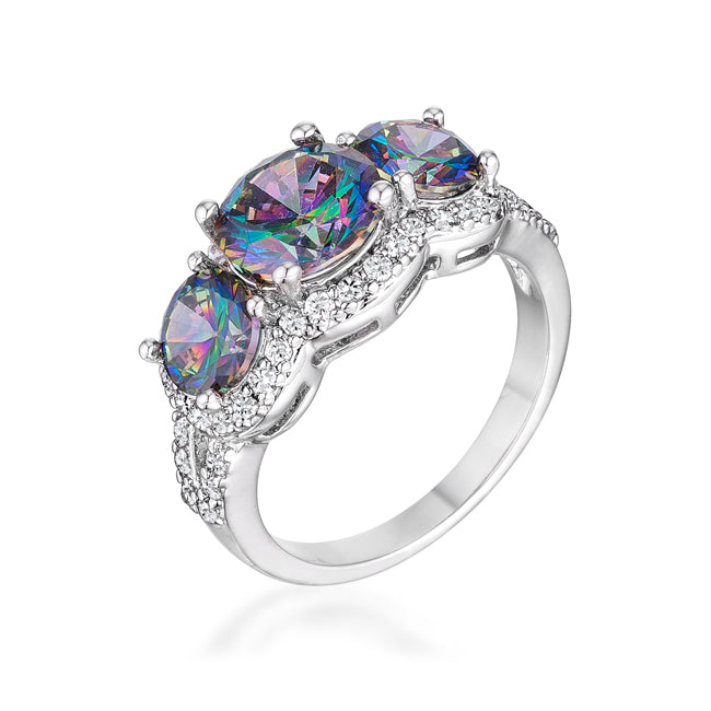 4 Ct Three Stone Rhodium Ring with Mystic and Clear CZ