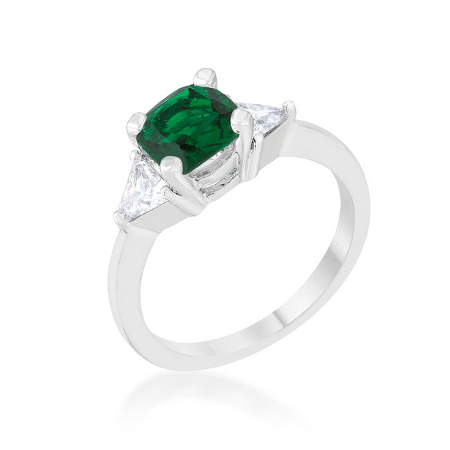 Shonda 1.8ct Emerald CZ Rhodium Cushion Classic Statement Ring