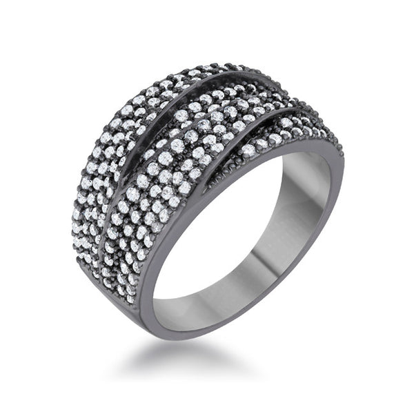 Kina 1.7ct Clear And Jet Black CZ Hematite Contemporary Cocktail Ring