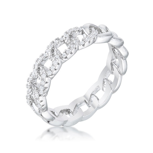 Interlocking Rhodium Chain Design Ring with Cubic Zirconia