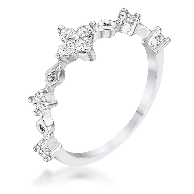 .24Ct Rhodium Plated Clear CZ Mini Floral Half Eternity Stackable Band
