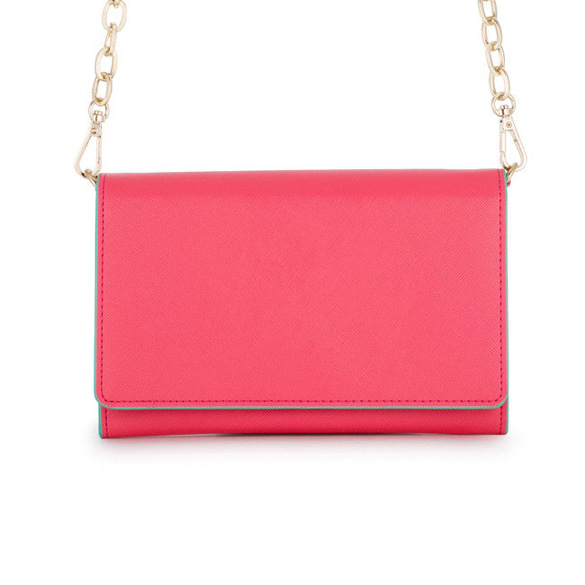 Carly Coral Leather Purse Clutch With Gold Chain Crossbody