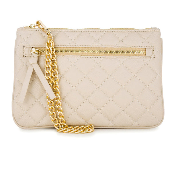 Alexis Beige Quilted Faux Leather Clutch With Gold Chain Wristlet