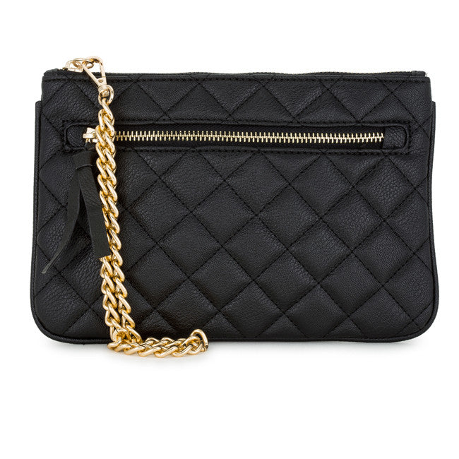 Alexis Black Quilted Faux Leather Clutch With Gold Chain Wristlet