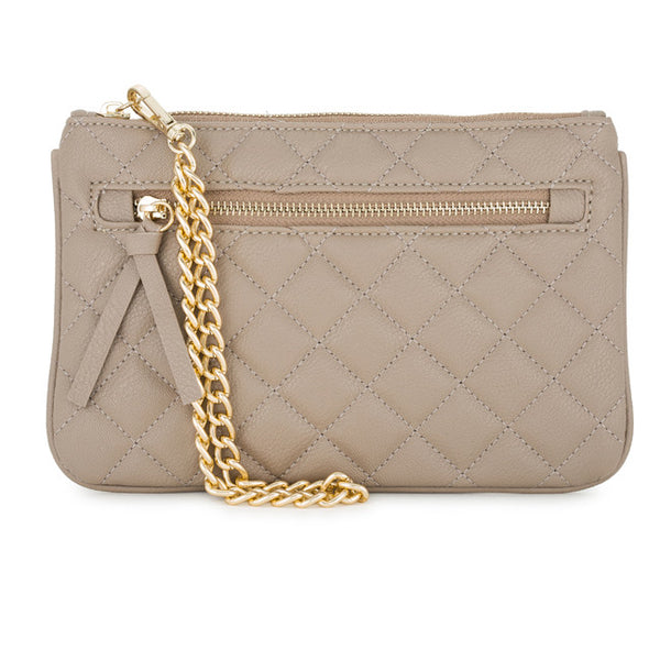 Alexis Taupe Quilted Faux Leather Clutch With Gold Chain Wristlet