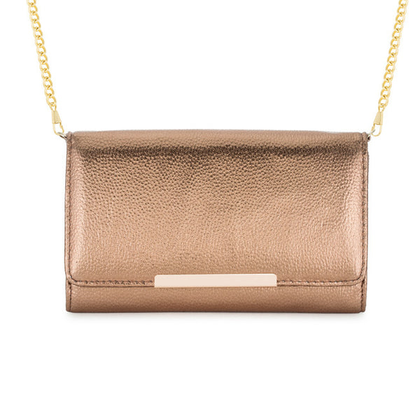 Laney Bronze Metallic Pebbled Faux Leather Clutch With Gold Chain Strap