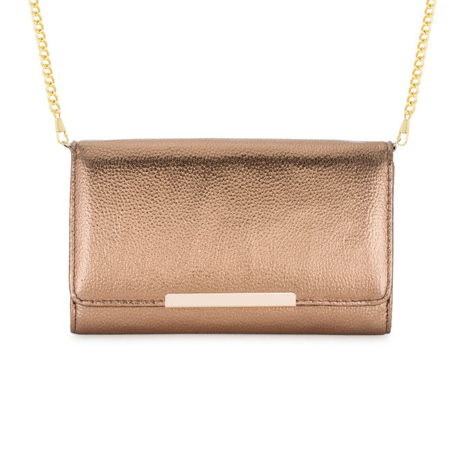 Laney Bronze Metallic Pebbled Faux Leather Clutch With Gold Chain Strap