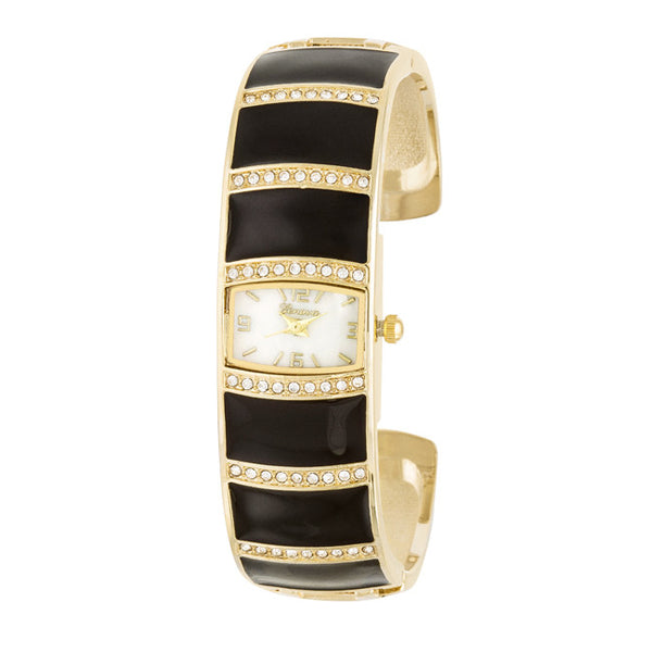 Gold Cuff Watch With Crystals - Black