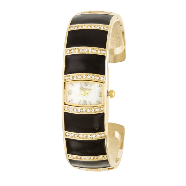 Gold Cuff Watch With Crystals - Black