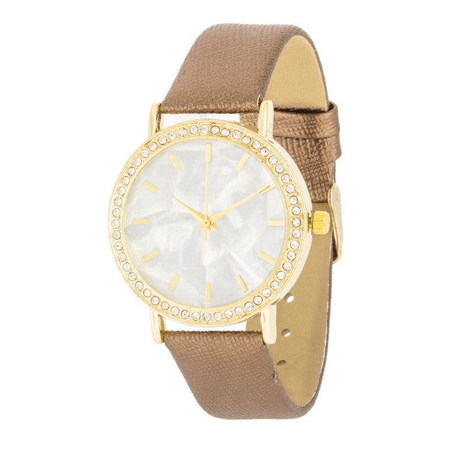 Gold Shell Pearl Watch With Crystals