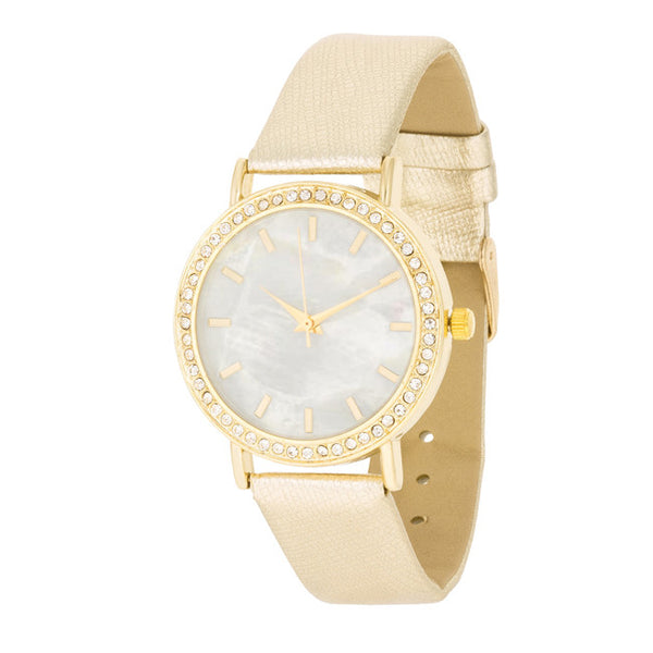 Gold Leather Watch With Crystals
