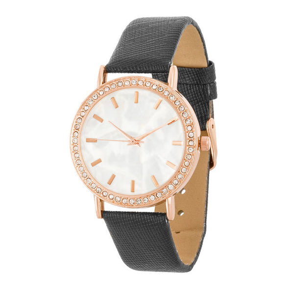 Rose Gold Shell Pearl Watch With Crystals