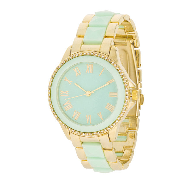 Mint And Gold Metal Crystal Watch