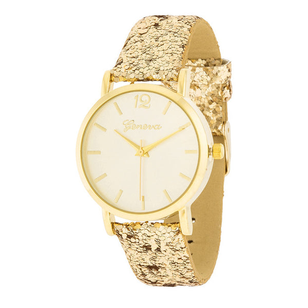 Gold Watch With Glitter Leather Strap