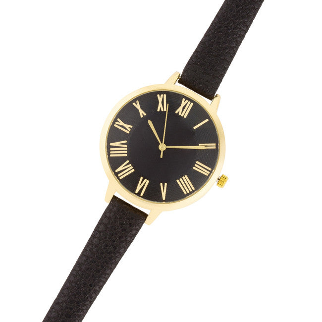 Gold Watch With Black Leather Strap