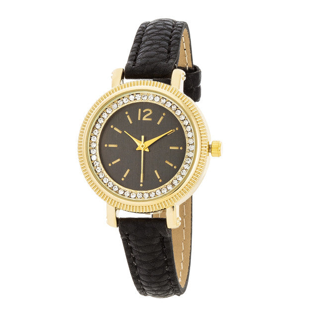 Georgia Gold Crystal Watch With Black Leather Strap