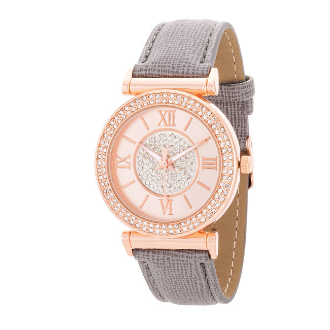 Crystal Rose Gold Watch With Leather Strap