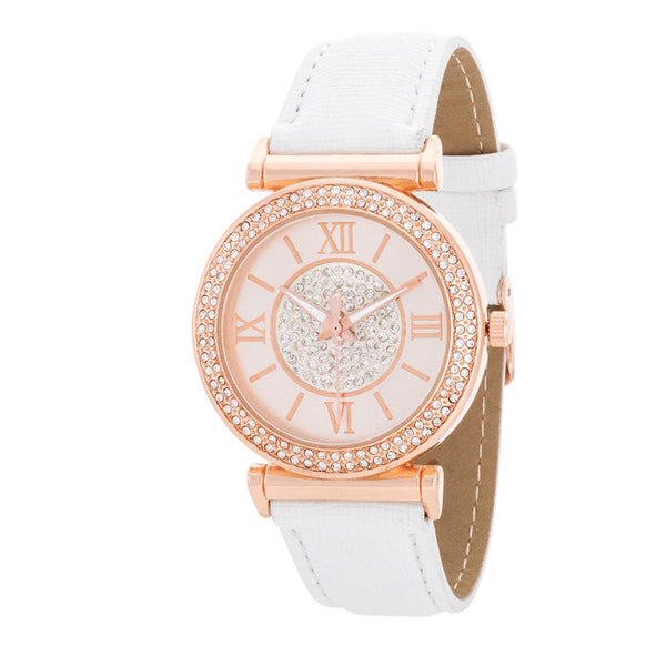 Crystal Rose Gold Watch With Leather Strap