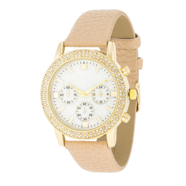 Gold Shell Pearl Watch With Crystals